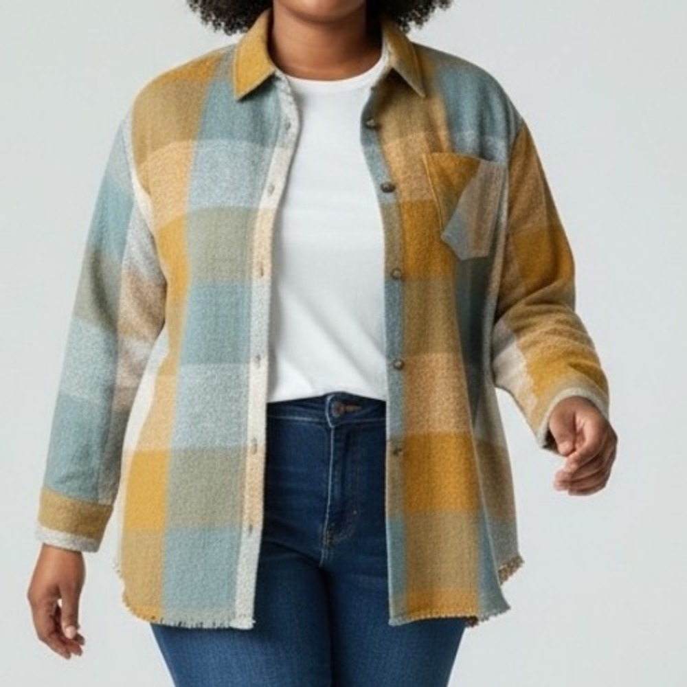 K Jordan Oversized Flannel Shirt Jacket Womens Small‎ THICK distress 100% Cotton